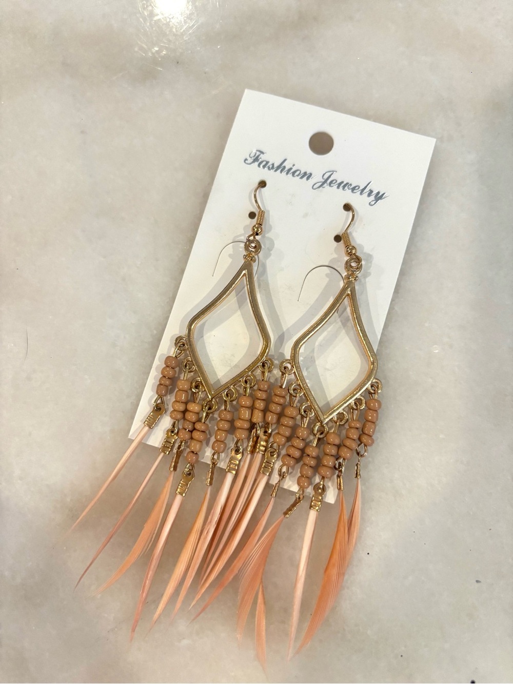 Fashion Jewelry Peach Bead & Feather Dangle Earrings